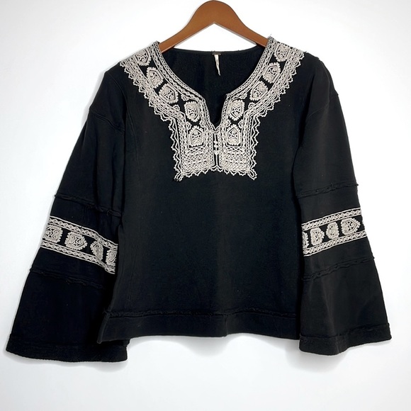 Free People Black Santa Maria Embroidered Peasant French Terry Pullover X-Small - Picture 2 of 13